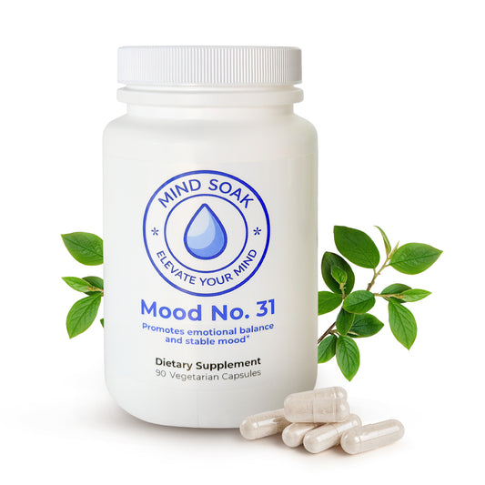 Supplement bottle labeled 'Mood No. 31' with leaves on a white background