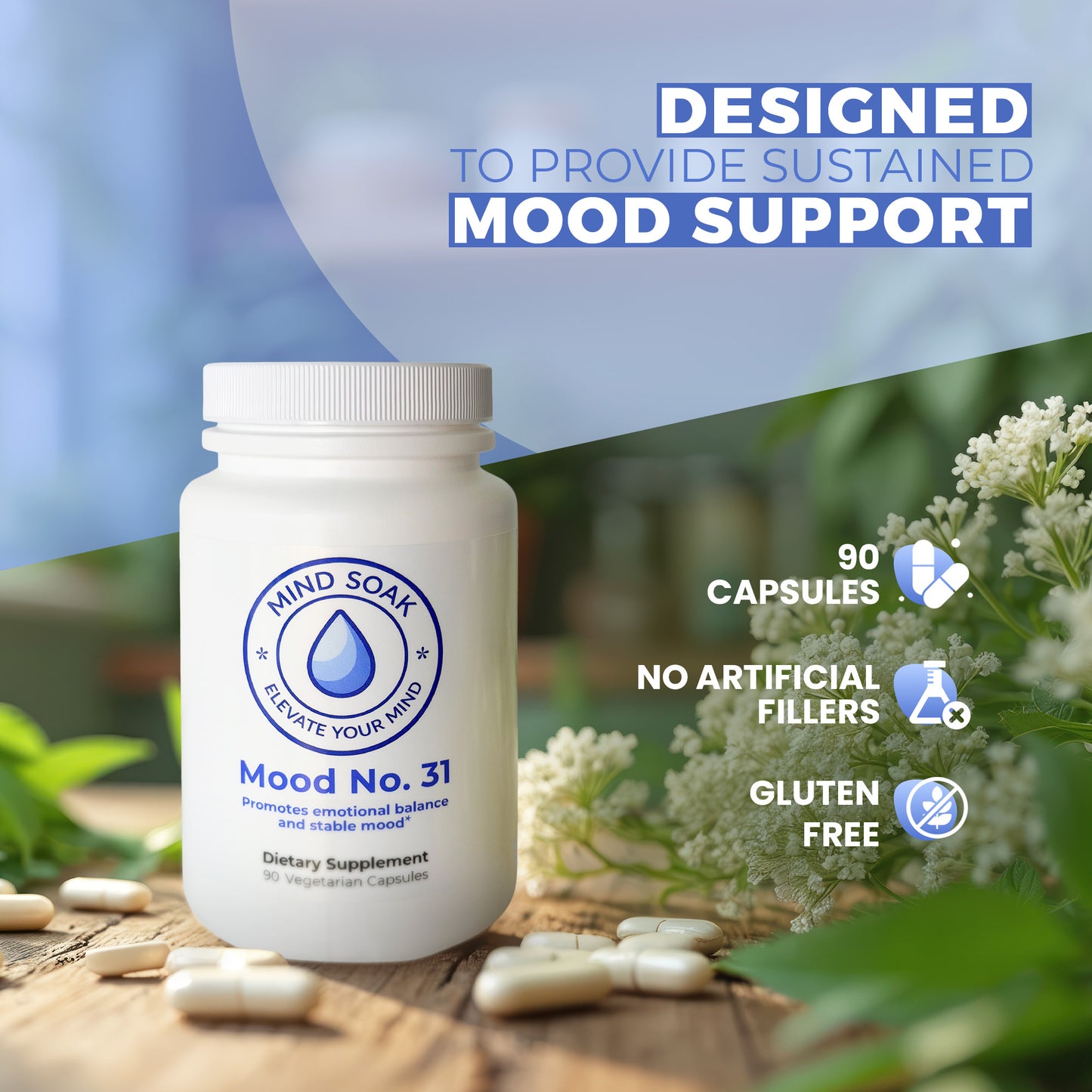 Supplement bottle labeled 'Mood No. 31' with text about mood support on a natural background.