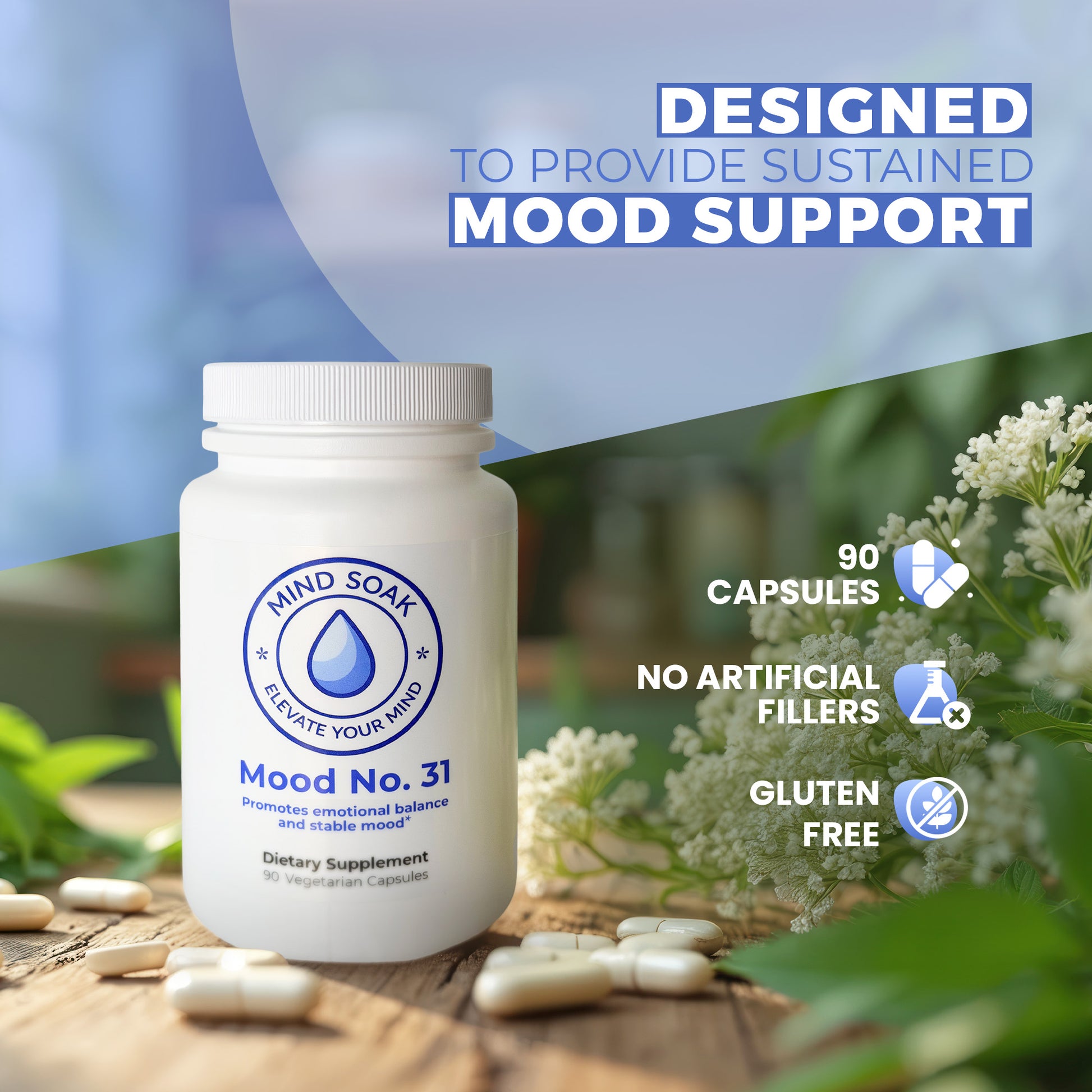 Supplement bottle labeled 'Mood No. 31' with text about mood support on a natural background.