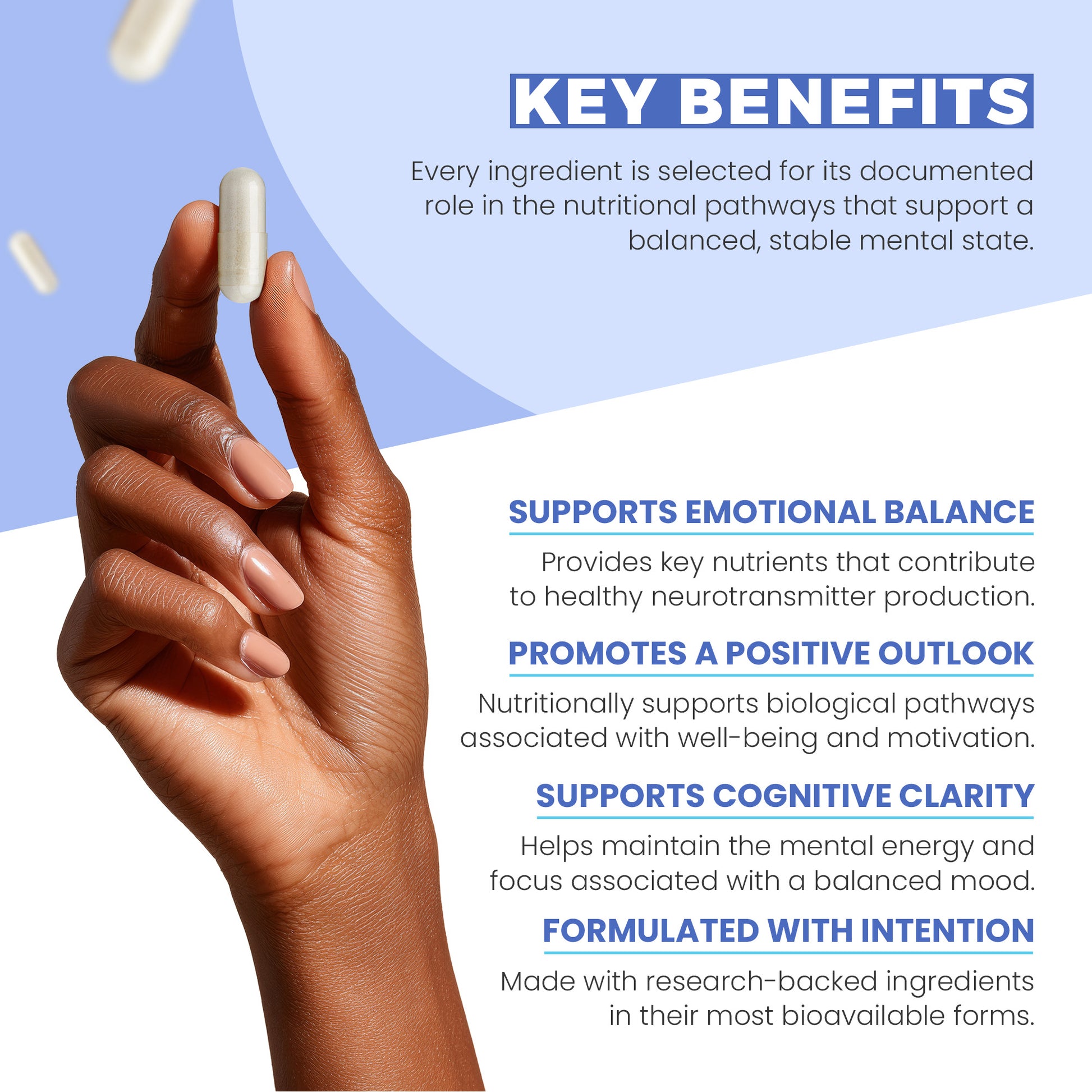 Hand holding a supplement with key benefits text on a blue and white background