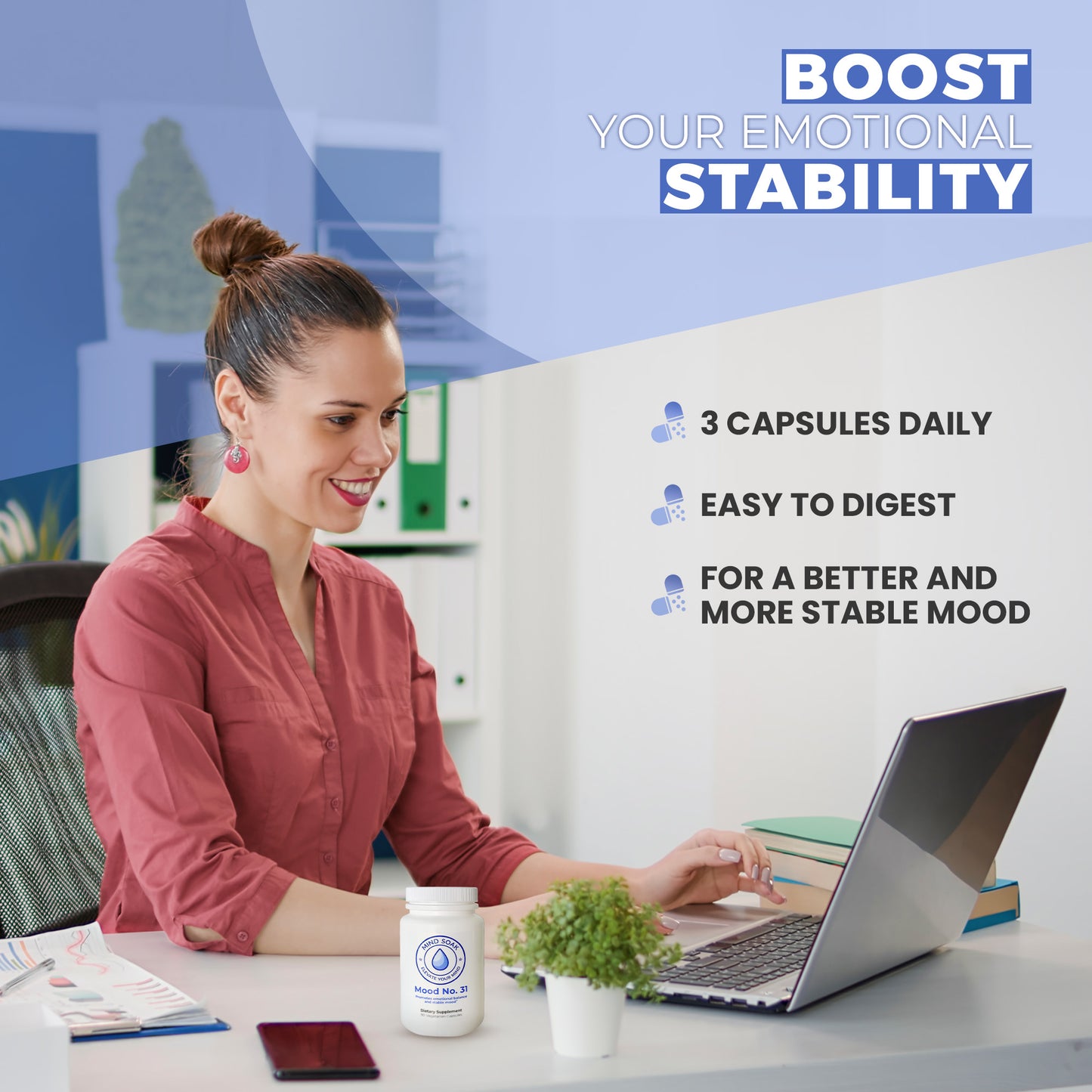 Woman working on a laptop with text about boosting emotional stability and supplement benefits.