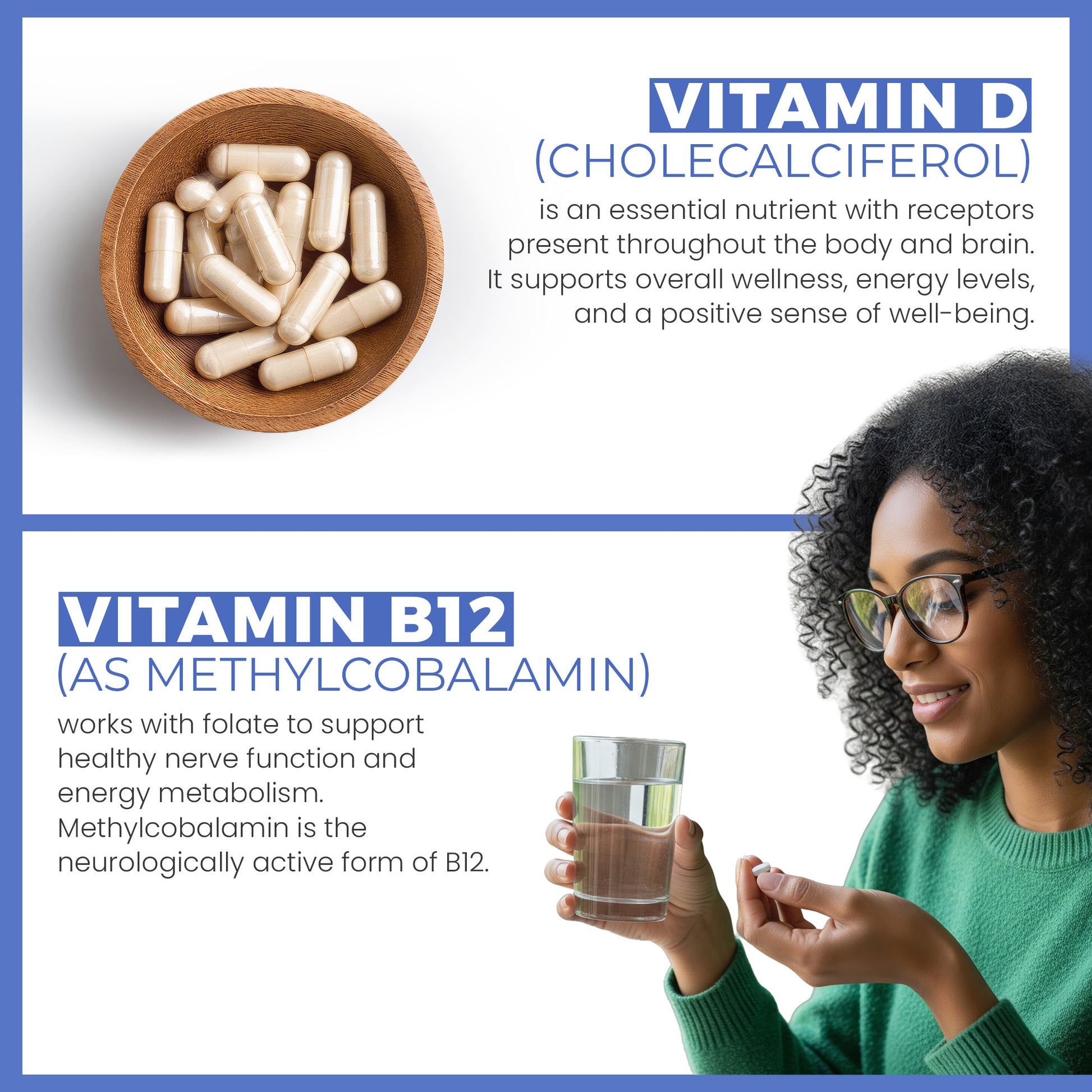 Vitamins D and B12 with text explaining their benefits and a woman holding a glass of water.