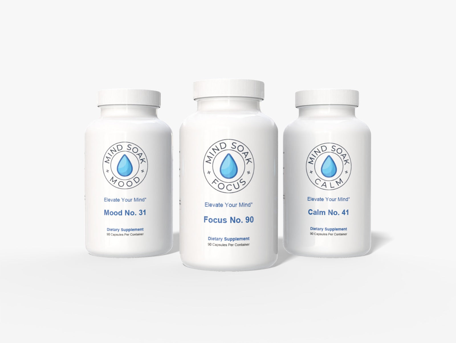 Supplement bottle labeled 'Focus No. 90' with a woman in a white shirt on a blue background
